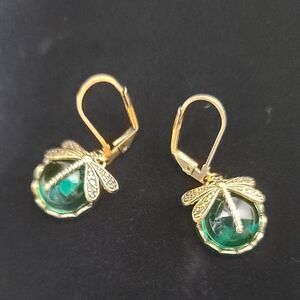 Dragonfly Gold W Green Jewel Dangle Earrings NWT